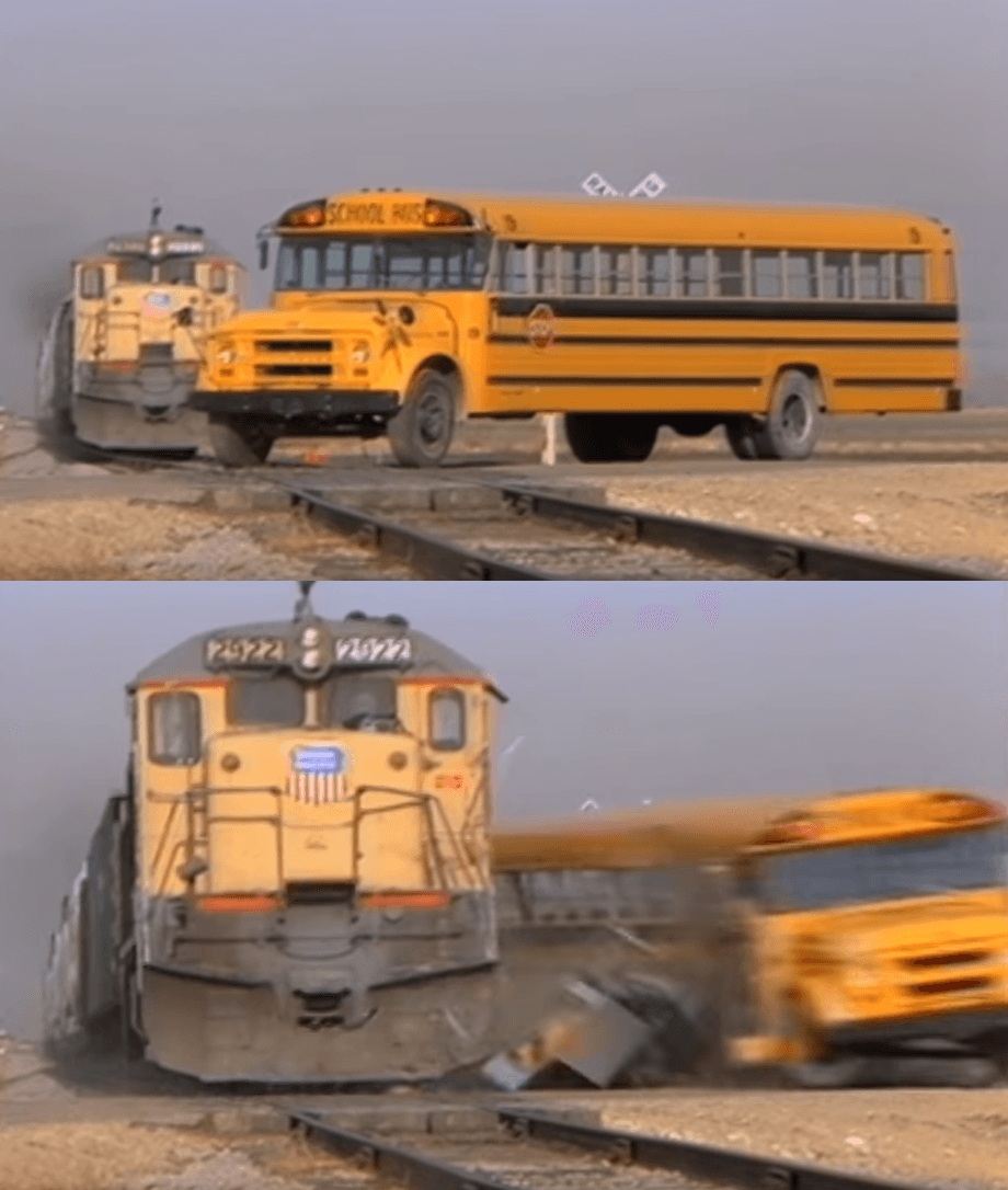 A train hitting a school bus meme template